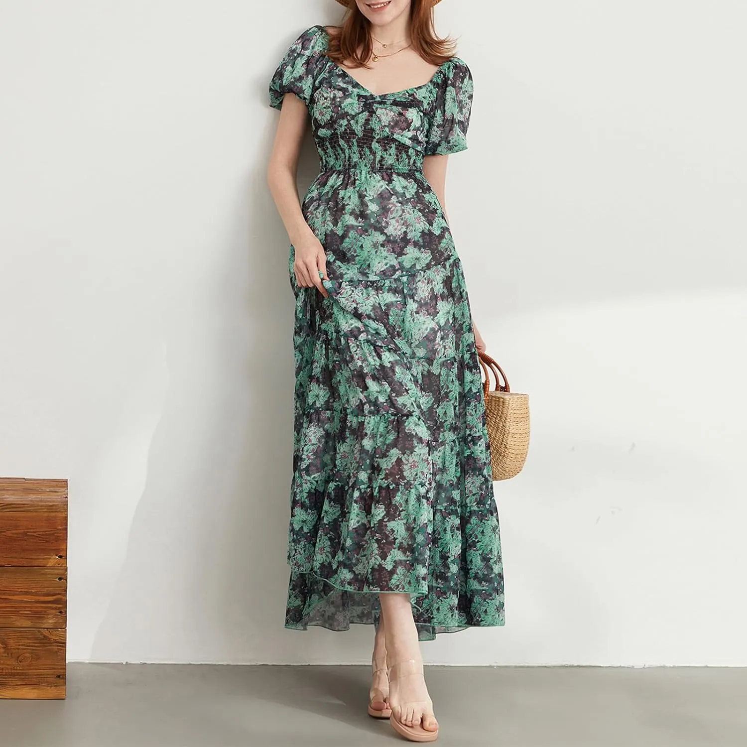 Women Boho Short Puff Sleeve Floral Long Dress Sweetheart Neck Tunic Waist Summer Flowy 2024 Beach Midi Sundresses
