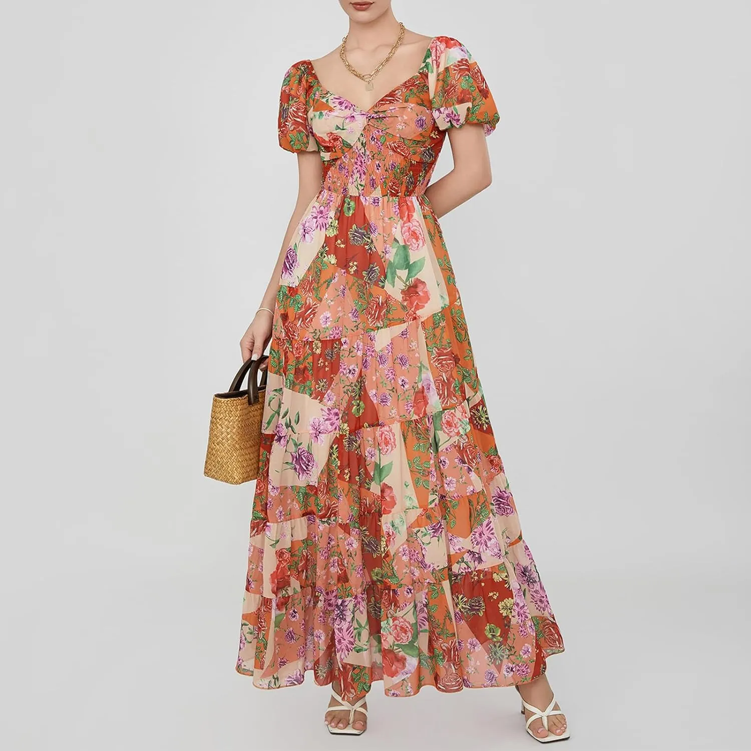 Women Boho Short Puff Sleeve Floral Long Dress Sweetheart Neck Tunic Waist Summer Flowy 2024 Beach Midi Sundresses