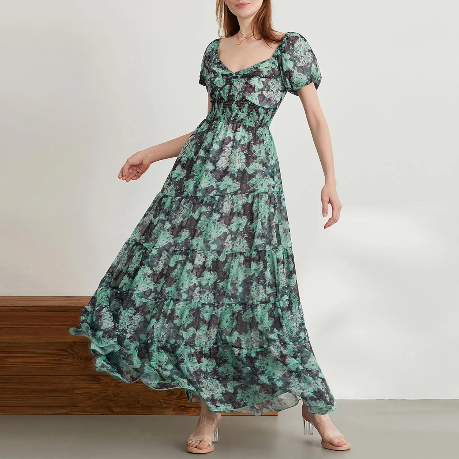 Women Boho Short Puff Sleeve Floral Long Dress Sweetheart Neck Tunic Waist Summer Flowy 2024 Beach Midi Sundresses