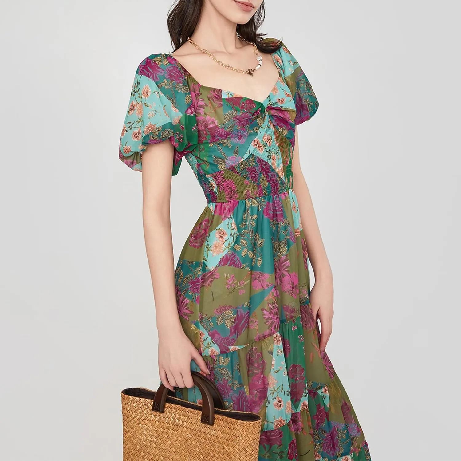 Women Boho Short Puff Sleeve Floral Long Dress Sweetheart Neck Tunic Waist Summer Flowy 2024 Beach Midi Sundresses