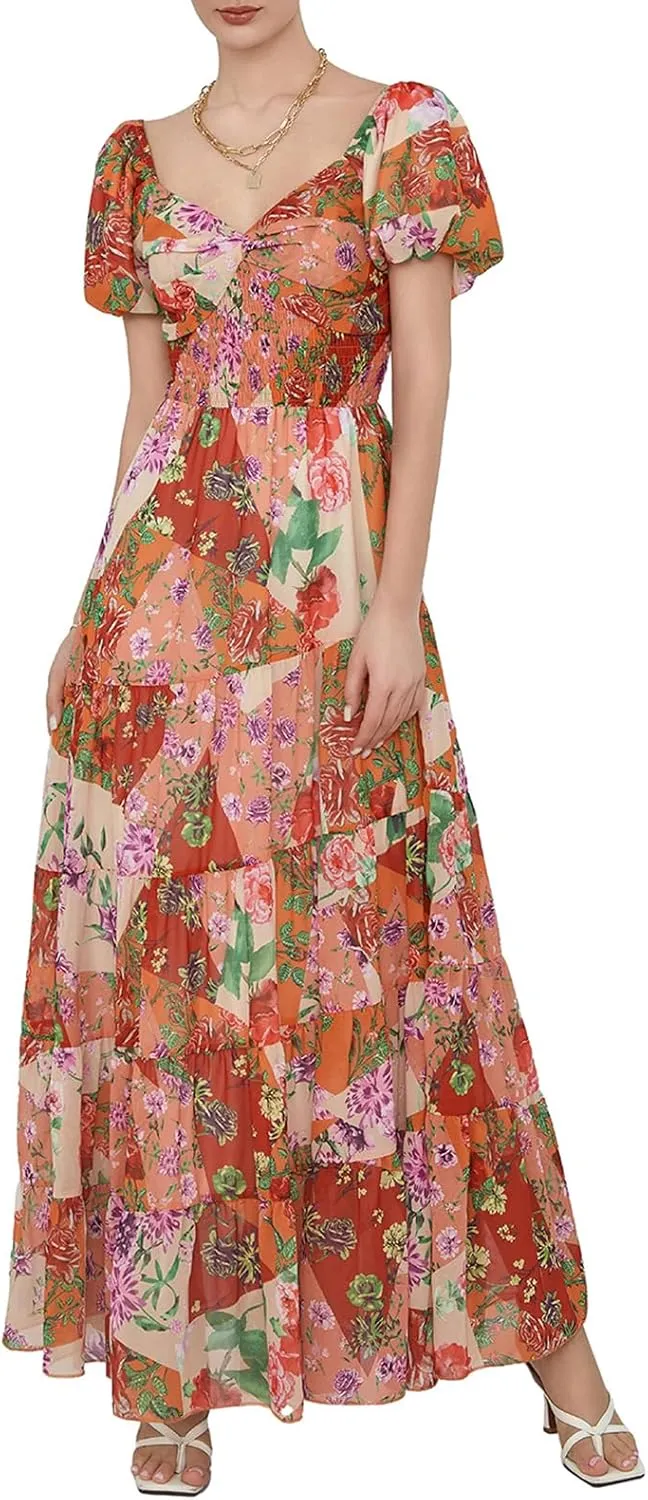 Women Boho Short Puff Sleeve Floral Long Dress Sweetheart Neck Tunic Waist Summer Flowy 2024 Beach Midi Sundresses