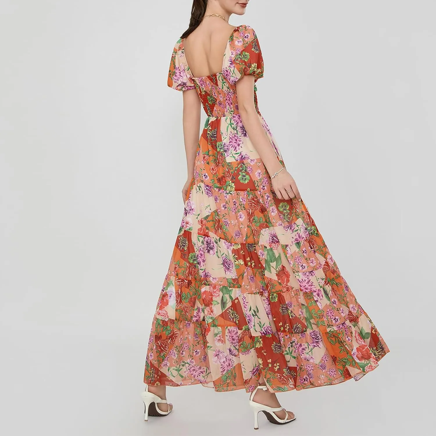 Women Boho Short Puff Sleeve Floral Long Dress Sweetheart Neck Tunic Waist Summer Flowy 2024 Beach Midi Sundresses