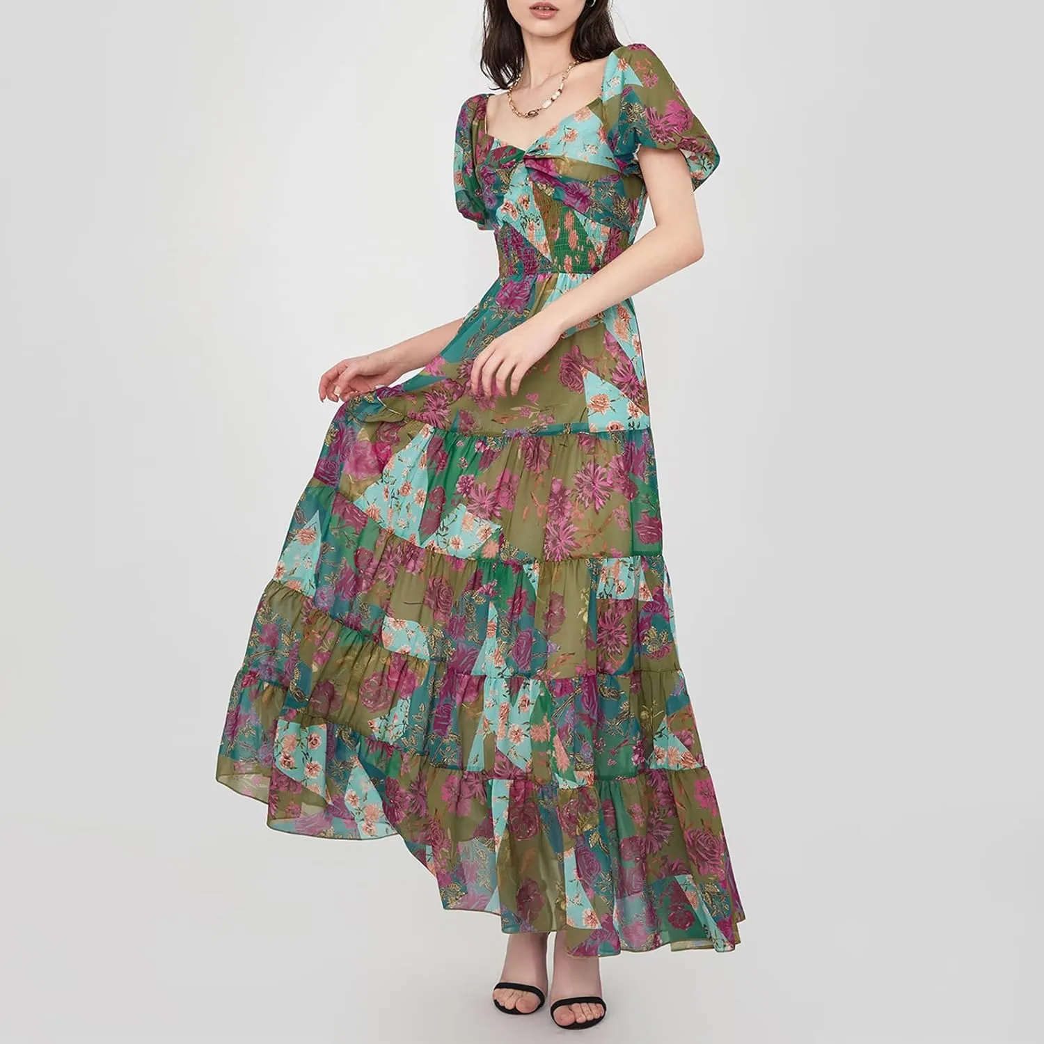 Women Boho Short Puff Sleeve Floral Long Dress Sweetheart Neck Tunic Waist Summer Flowy 2024 Beach Midi Sundresses