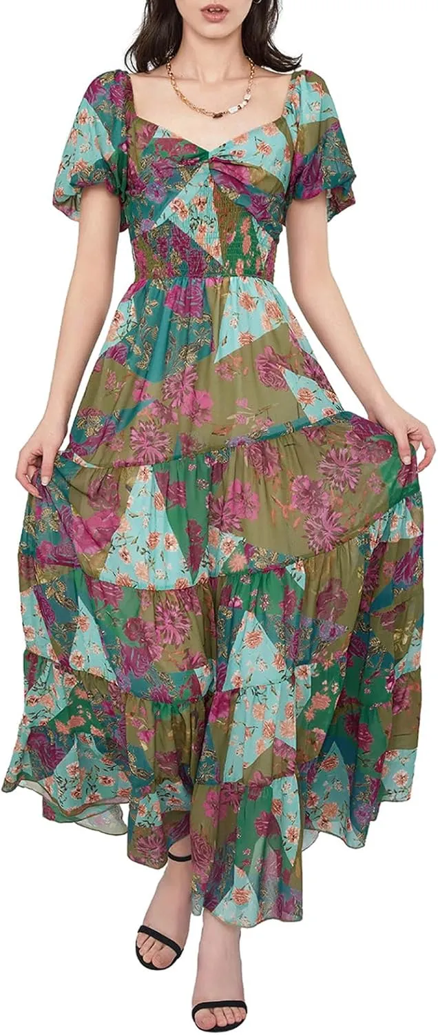 Women Boho Short Puff Sleeve Floral Long Dress Sweetheart Neck Tunic Waist Summer Flowy 2024 Beach Midi Sundresses