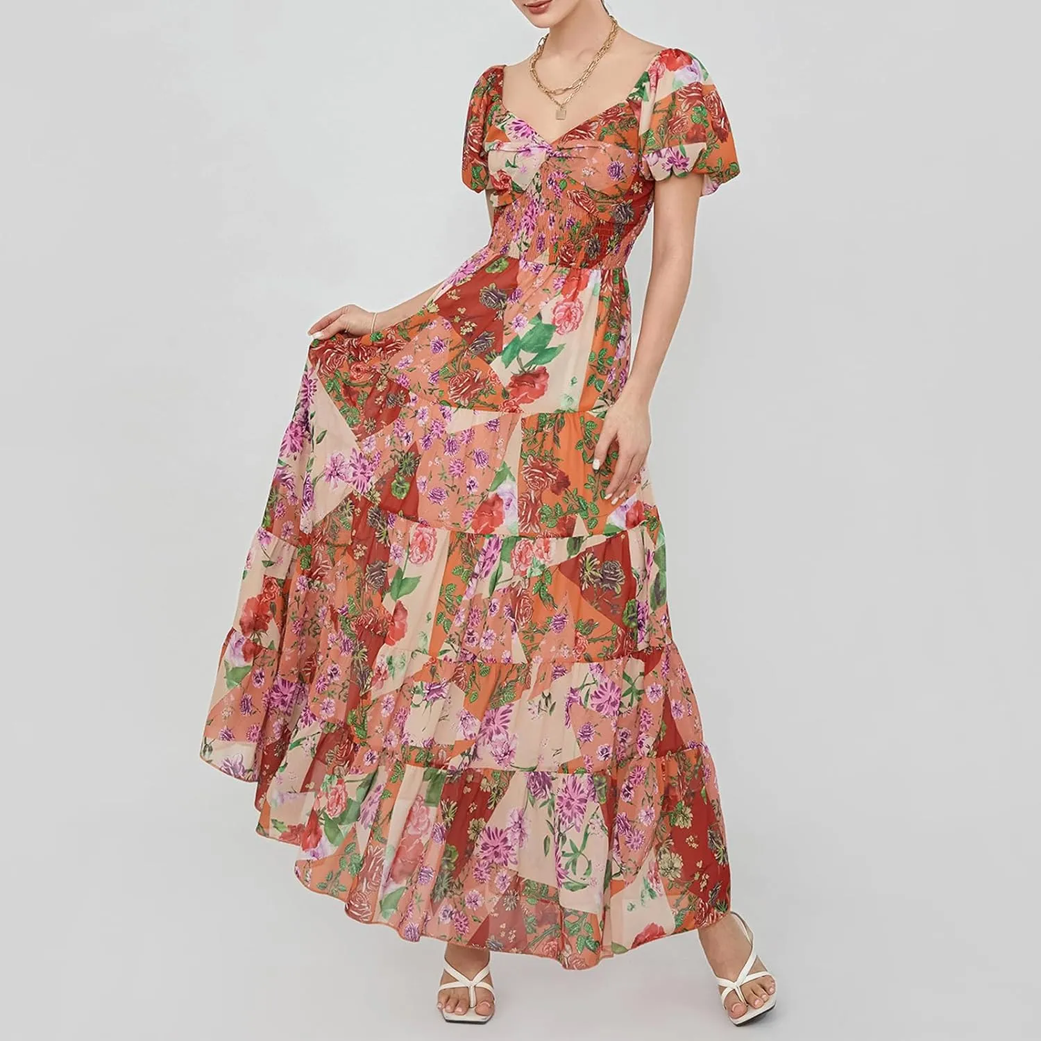 Women Boho Short Puff Sleeve Floral Long Dress Sweetheart Neck Tunic Waist Summer Flowy 2024 Beach Midi Sundresses