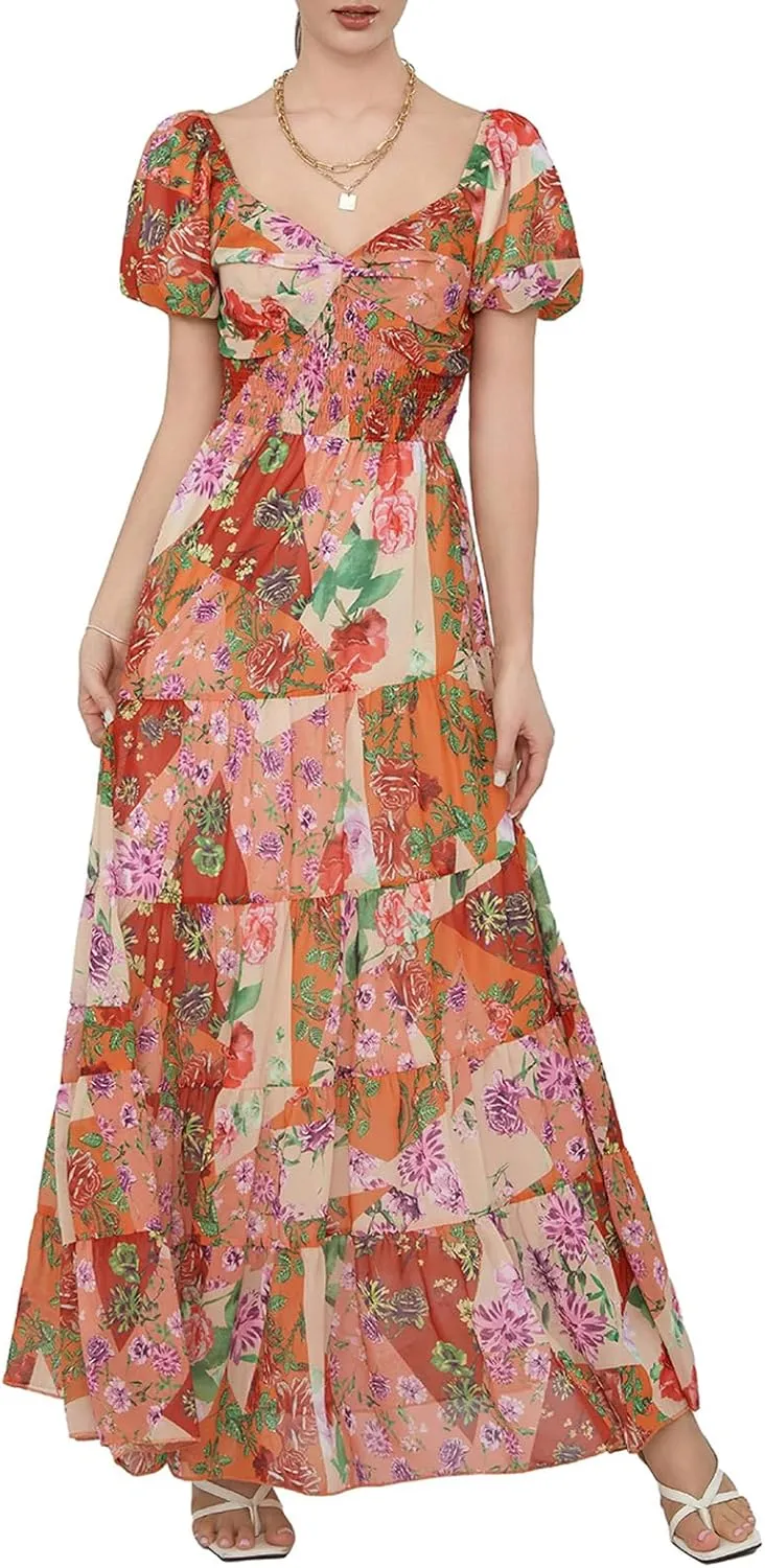 Women Boho Short Puff Sleeve Floral Long Dress Sweetheart Neck Tunic Waist Summer Flowy 2024 Beach Midi Sundresses