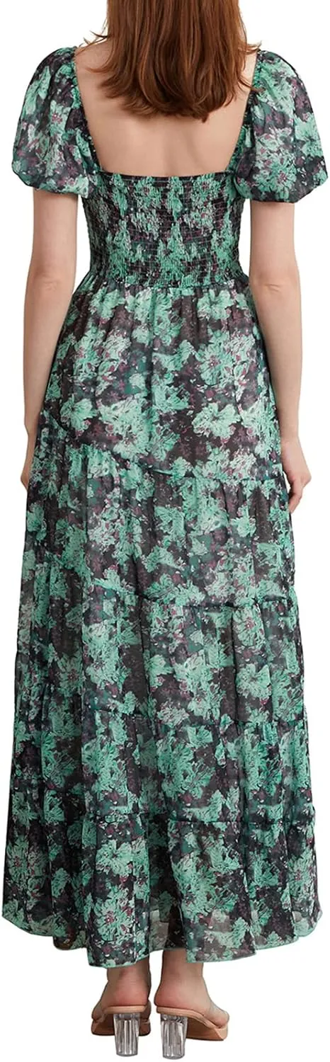 Women Boho Short Puff Sleeve Floral Long Dress Sweetheart Neck Tunic Waist Summer Flowy 2024 Beach Midi Sundresses