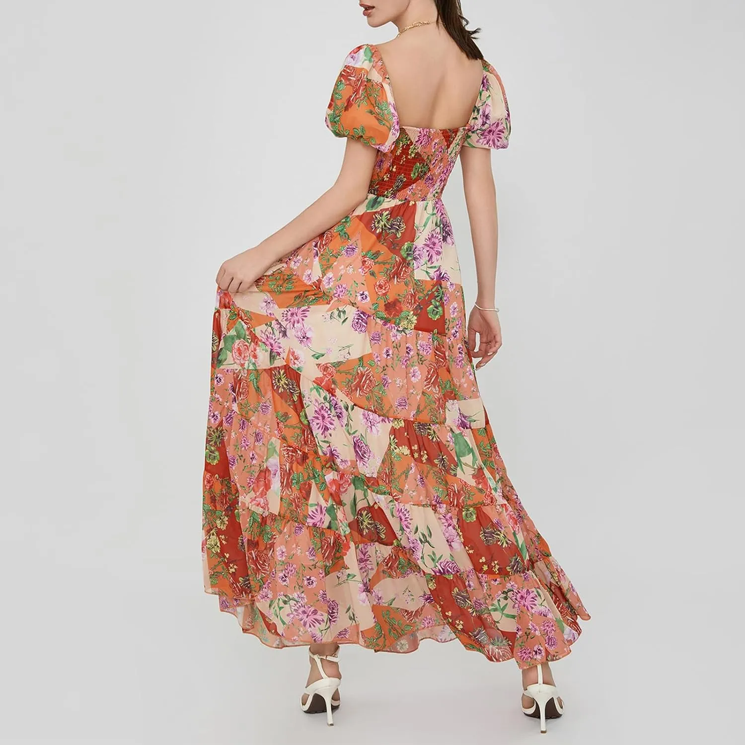 Women Boho Short Puff Sleeve Floral Long Dress Sweetheart Neck Tunic Waist Summer Flowy 2024 Beach Midi Sundresses