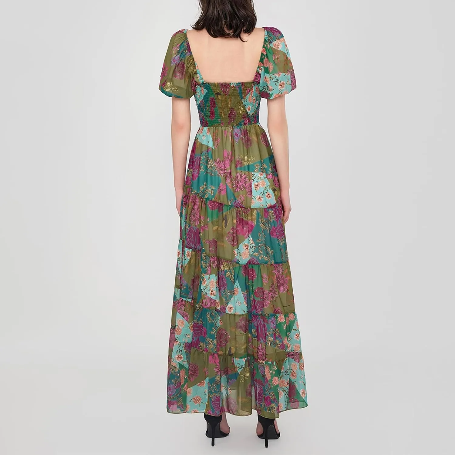 Women Boho Short Puff Sleeve Floral Long Dress Sweetheart Neck Tunic Waist Summer Flowy 2024 Beach Midi Sundresses