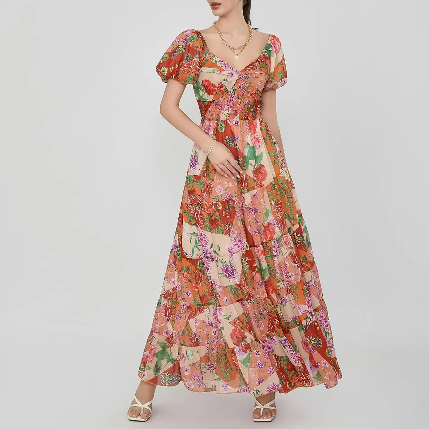 Women Boho Short Puff Sleeve Floral Long Dress Sweetheart Neck Tunic Waist Summer Flowy 2024 Beach Midi Sundresses