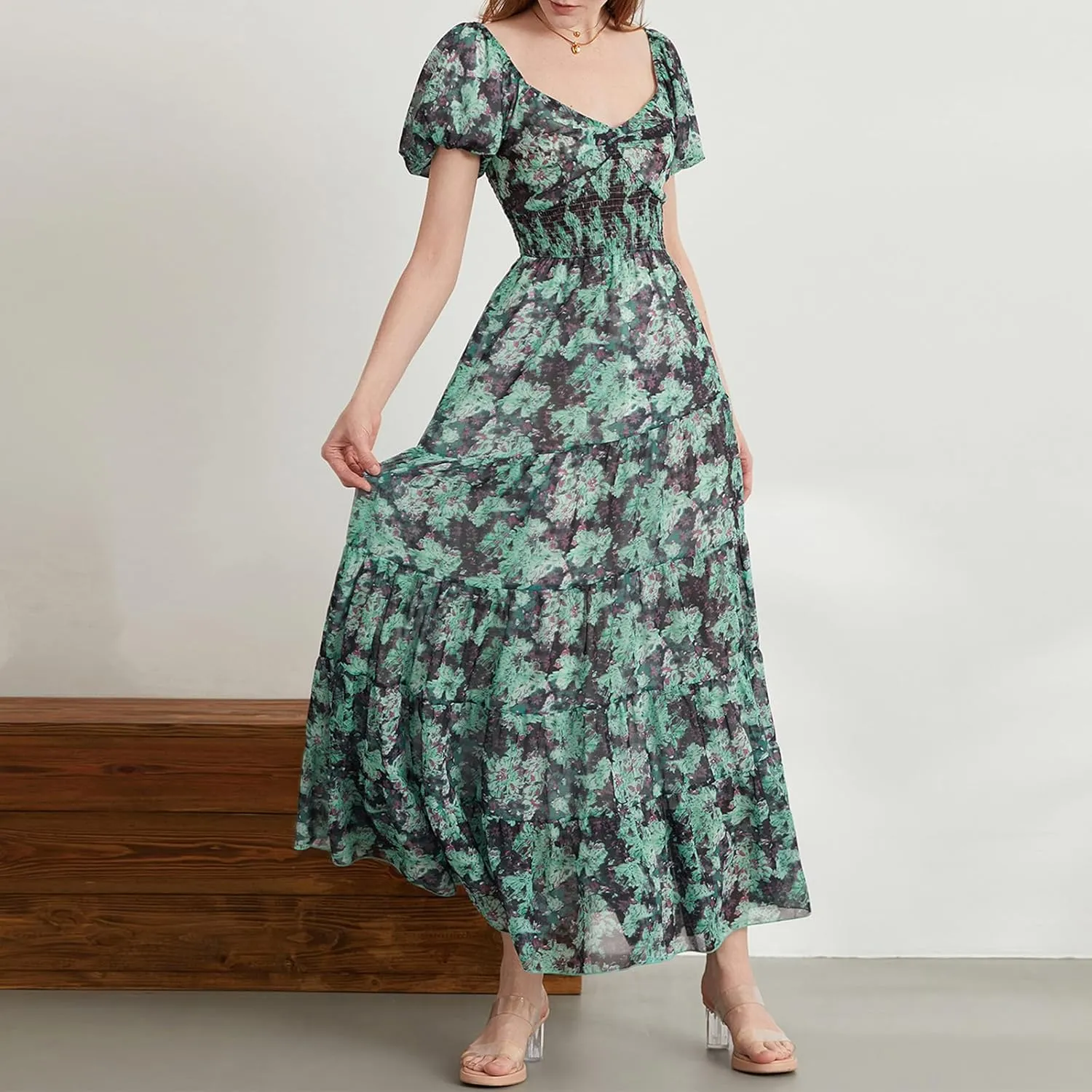 Women Boho Short Puff Sleeve Floral Long Dress Sweetheart Neck Tunic Waist Summer Flowy 2024 Beach Midi Sundresses