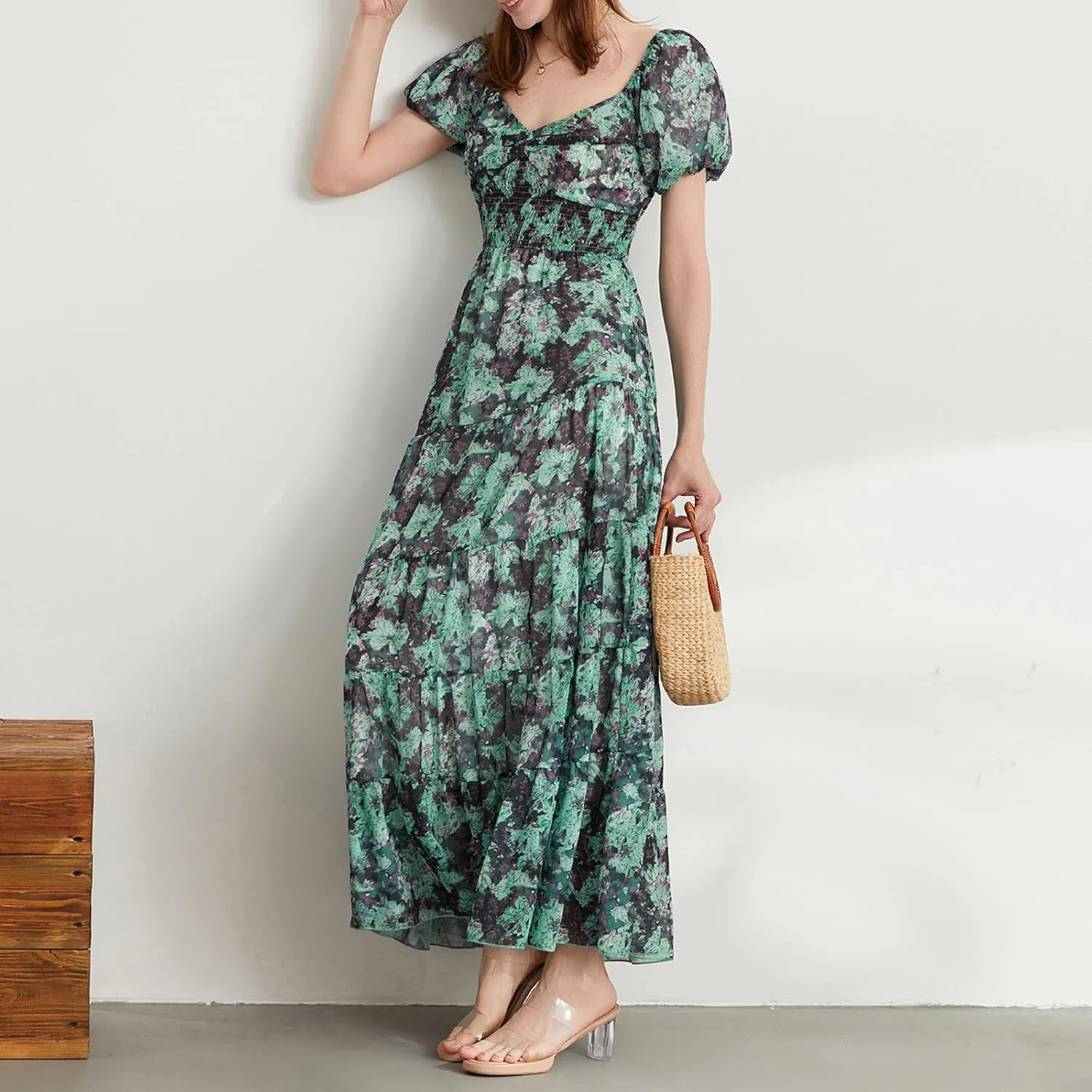 Women Boho Short Puff Sleeve Floral Long Dress Sweetheart Neck Tunic Waist Summer Flowy 2024 Beach Midi Sundresses