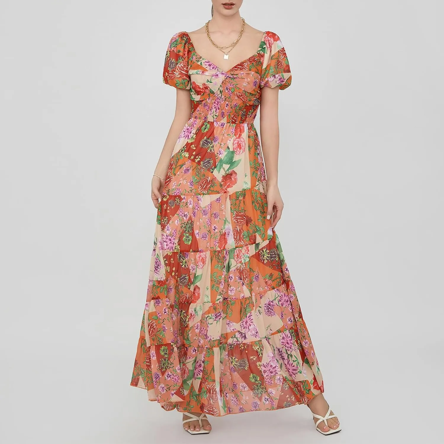 Women Boho Short Puff Sleeve Floral Long Dress Sweetheart Neck Tunic Waist Summer Flowy 2024 Beach Midi Sundresses