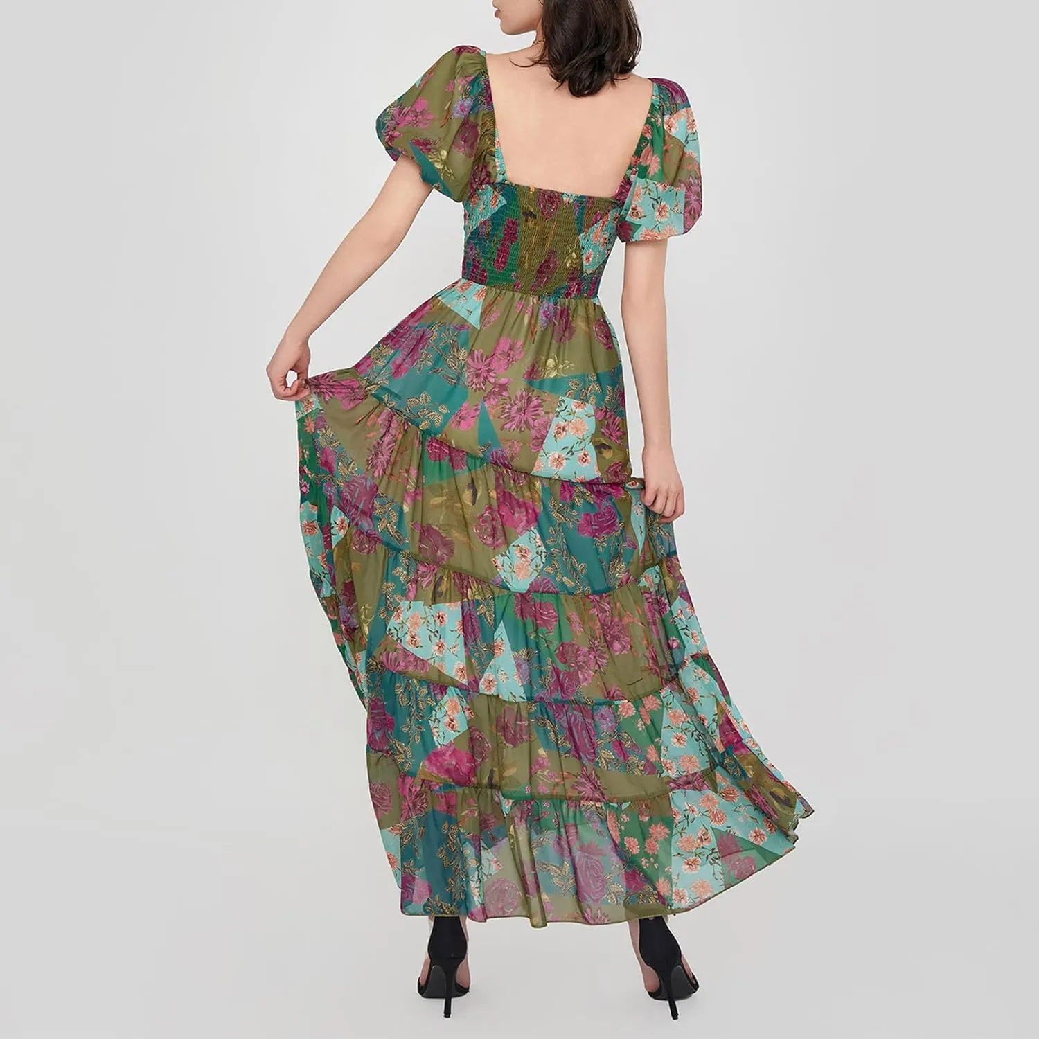 Women Boho Short Puff Sleeve Floral Long Dress Sweetheart Neck Tunic Waist Summer Flowy 2024 Beach Midi Sundresses