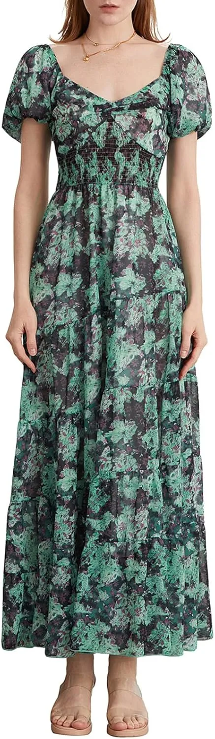 Women Boho Short Puff Sleeve Floral Long Dress Sweetheart Neck Tunic Waist Summer Flowy 2024 Beach Midi Sundresses