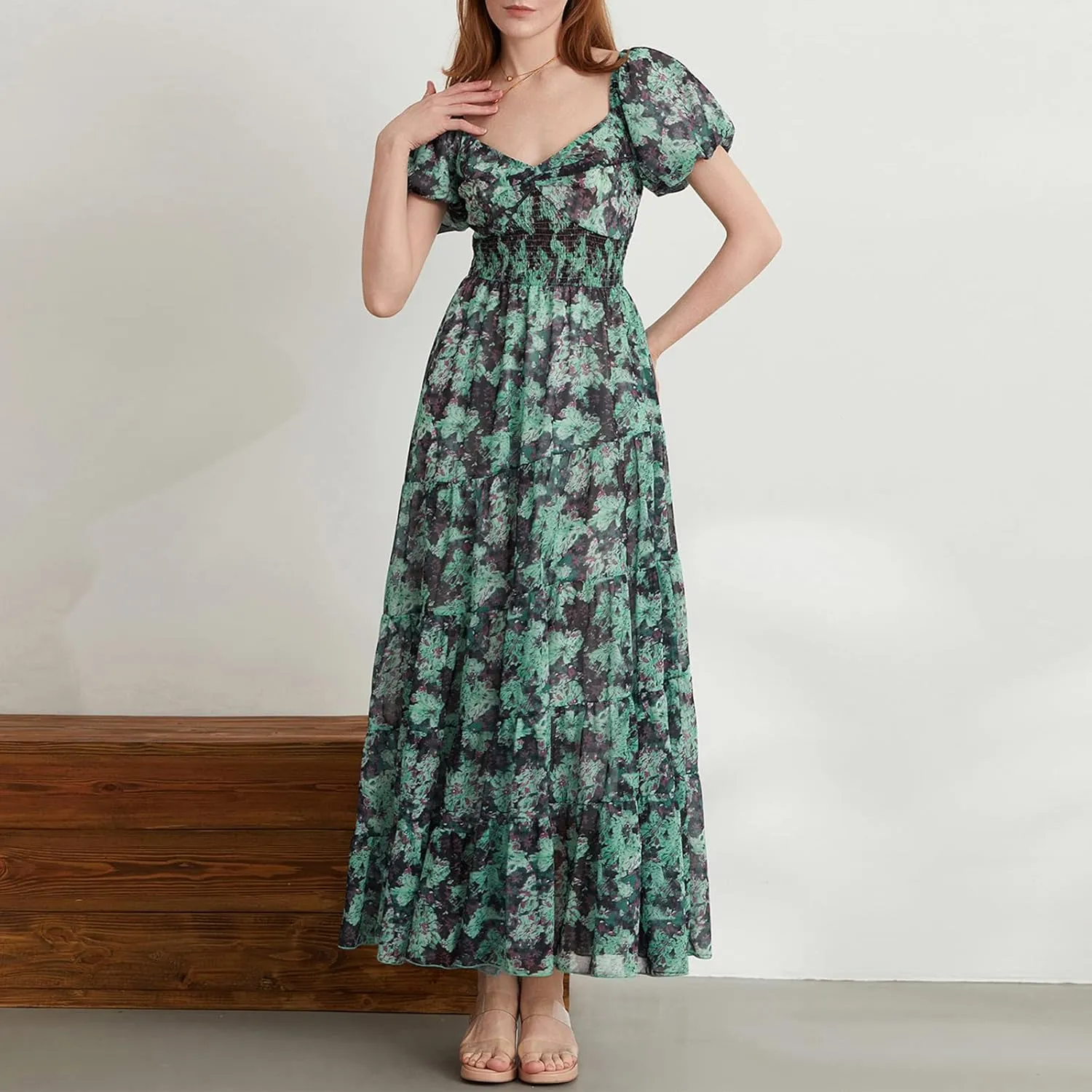 Women Boho Short Puff Sleeve Floral Long Dress Sweetheart Neck Tunic Waist Summer Flowy 2024 Beach Midi Sundresses