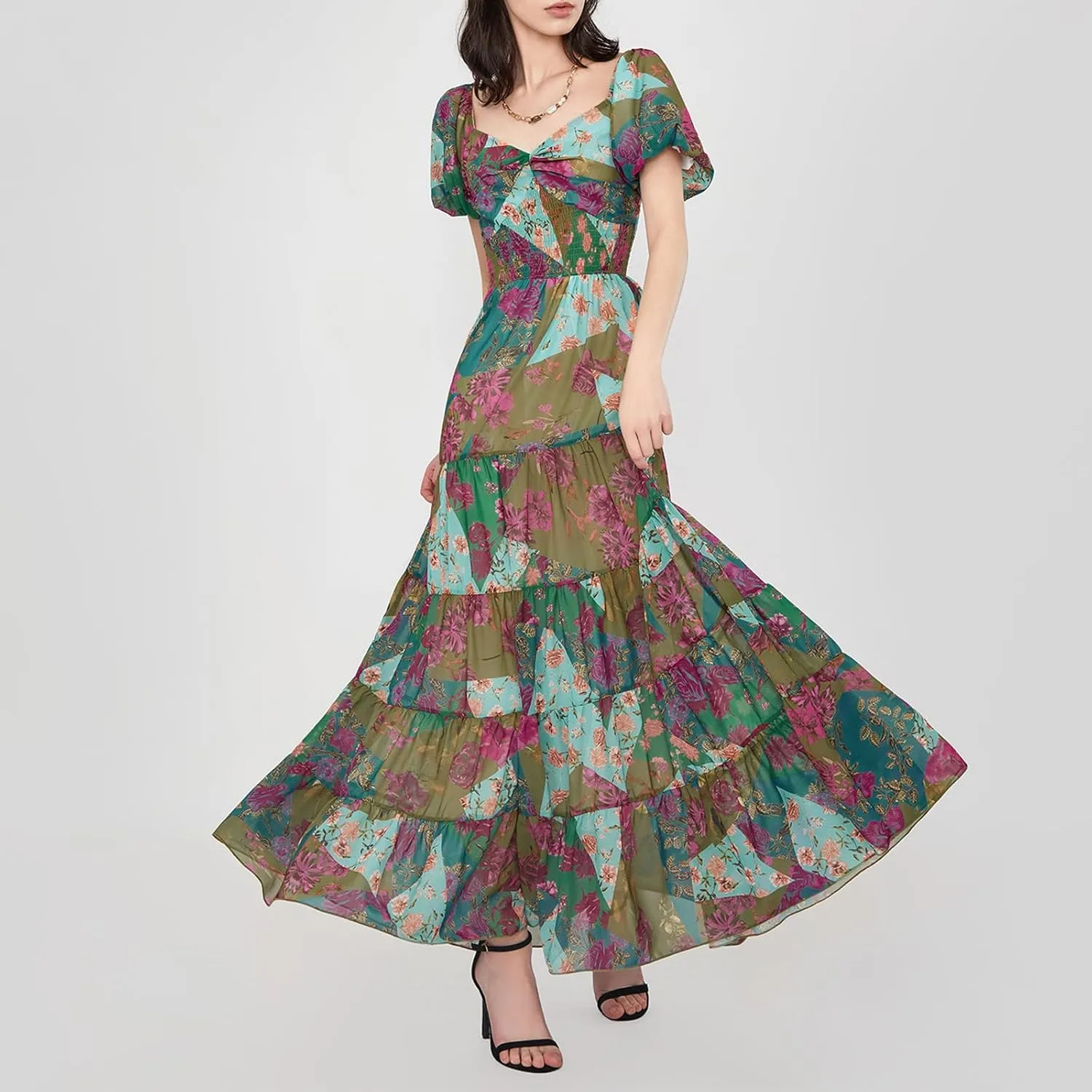 Women Boho Short Puff Sleeve Floral Long Dress Sweetheart Neck Tunic Waist Summer Flowy 2024 Beach Midi Sundresses