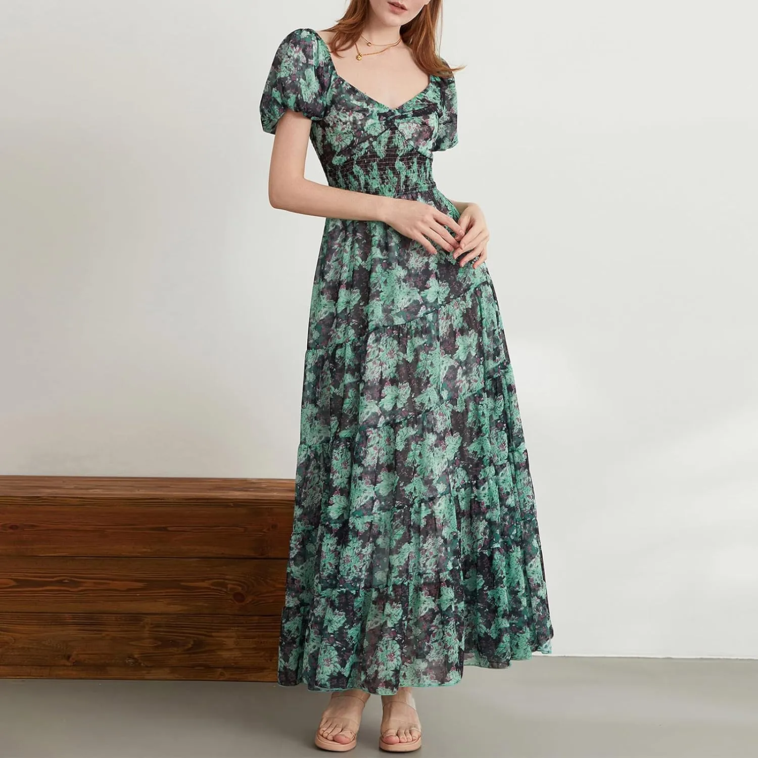 Women Boho Short Puff Sleeve Floral Long Dress Sweetheart Neck Tunic Waist Summer Flowy 2024 Beach Midi Sundresses