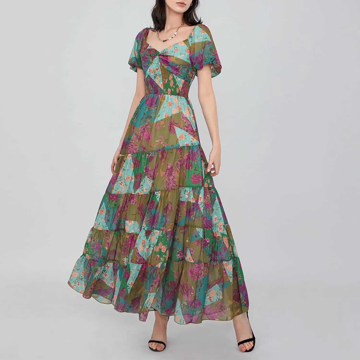 Women Boho Short Puff Sleeve Floral Long Dress Sweetheart Neck Tunic Waist Summer Flowy 2024 Beach Midi Sundresses