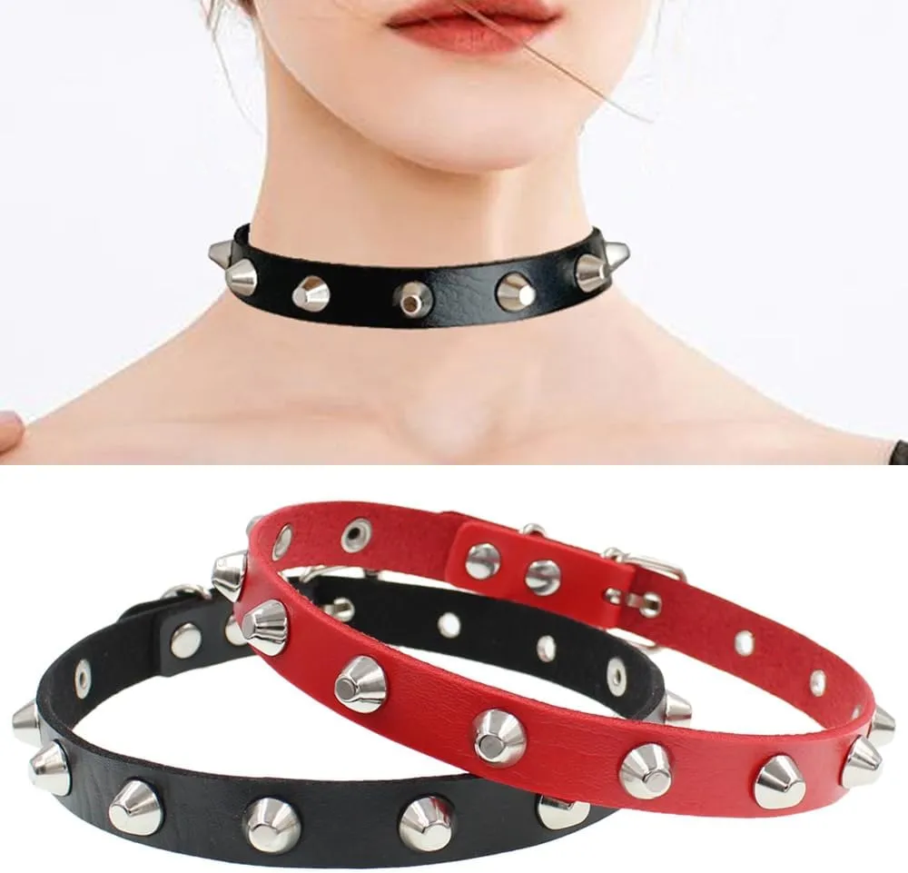 Women Cool Punk Goth Leather Choker Metal Spike Studded Link Collar Gothic Leather Necklace