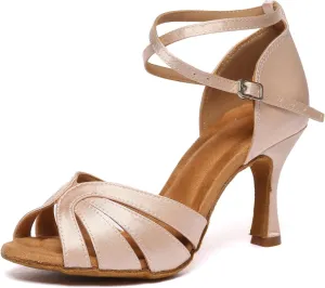 Women Latin Salsa Dance Shoes Open Toe Satin Professional Ballroom Practice Dancing Shoes Model D48
