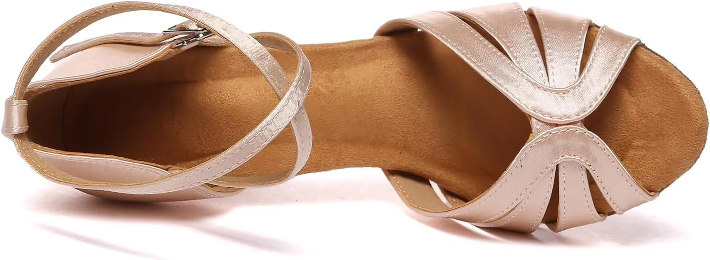 Women Latin Salsa Dance Shoes Open Toe Satin Professional Ballroom Practice Dancing Shoes Model D48