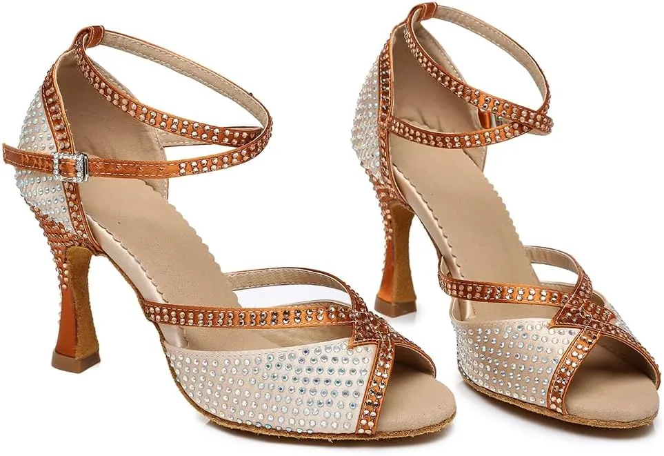 Women Rhinestones Dance Shoes Ballroom Latin Salsa Practice Performance Professional Dancing Shoes, Model YC-L451