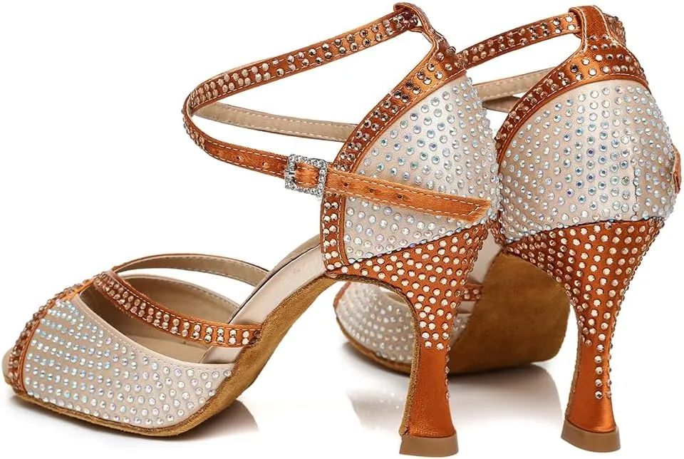 Women Rhinestones Dance Shoes Ballroom Latin Salsa Practice Performance Professional Dancing Shoes, Model YC-L451