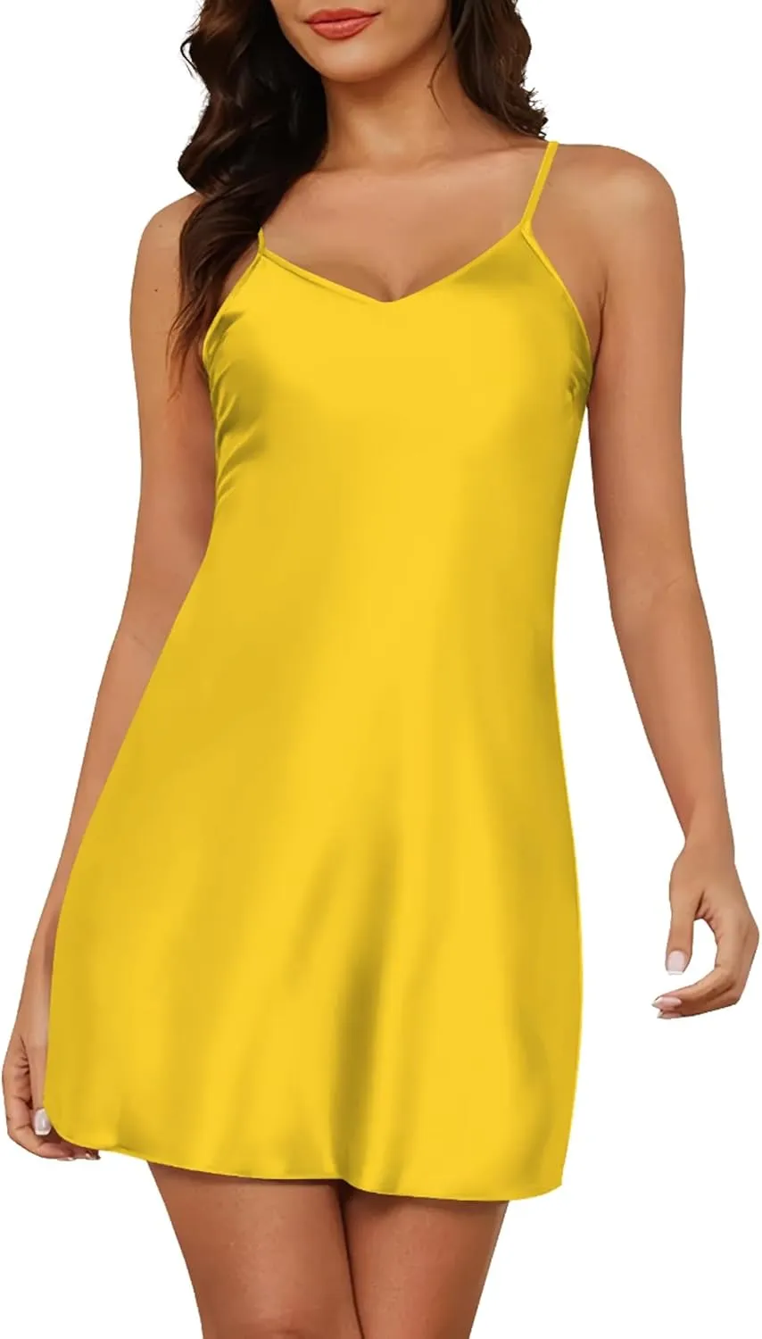 Women Satin Nightgown Babydoll Lingerie Dress Sexy V Neck Spaghetti Strap Sleepwear Mini Silk Slip Chemise Nightwear S-XXL