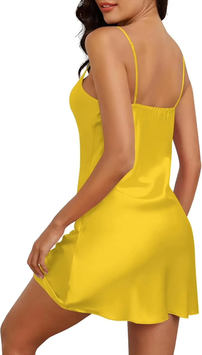 Women Satin Nightgown Babydoll Lingerie Dress Sexy V Neck Spaghetti Strap Sleepwear Mini Silk Slip Chemise Nightwear S-XXL
