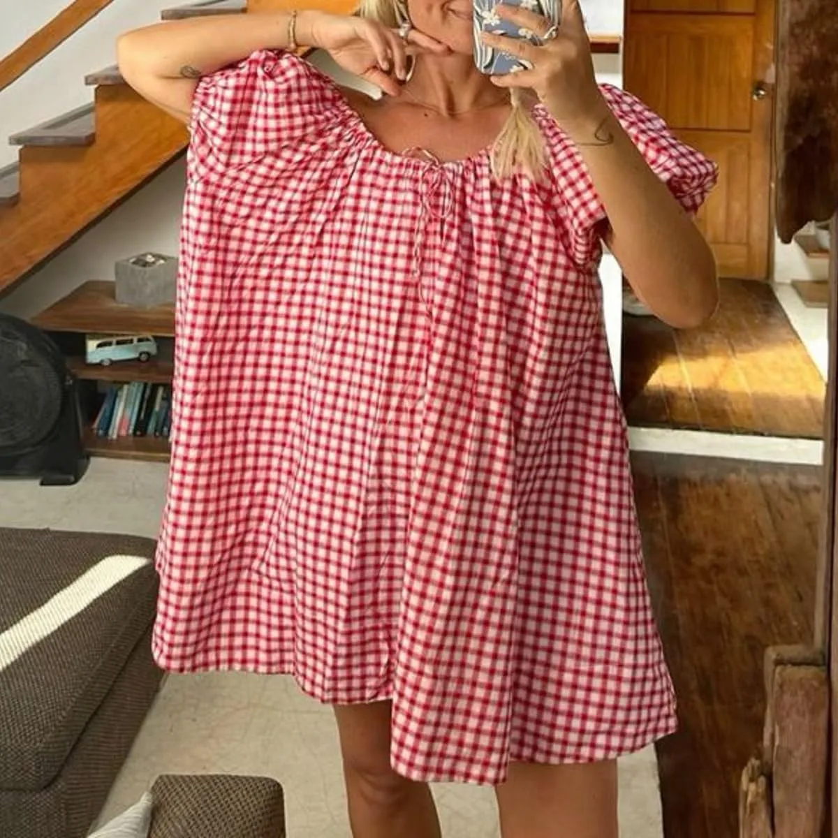 Women Y2k Babydoll Mini Dress Gingham Short Puff Sleeve Square Neck Dress Floral Fairy Loose Fit Sundresses