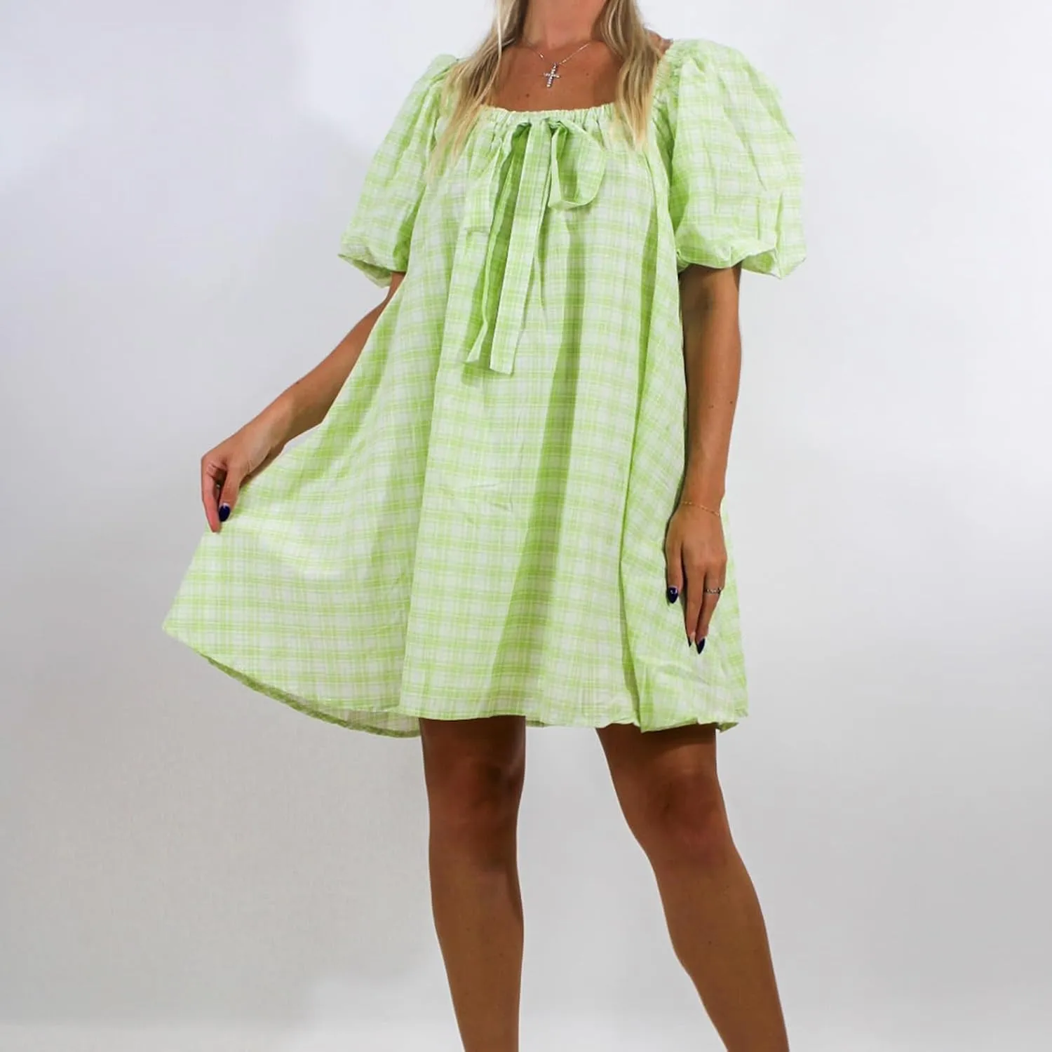 Women Y2k Babydoll Mini Dress Gingham Short Puff Sleeve Square Neck Dress Floral Fairy Loose Fit Sundresses