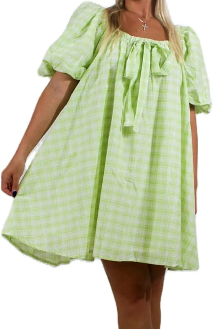 Women Y2k Babydoll Mini Dress Gingham Short Puff Sleeve Square Neck Dress Floral Fairy Loose Fit Sundresses
