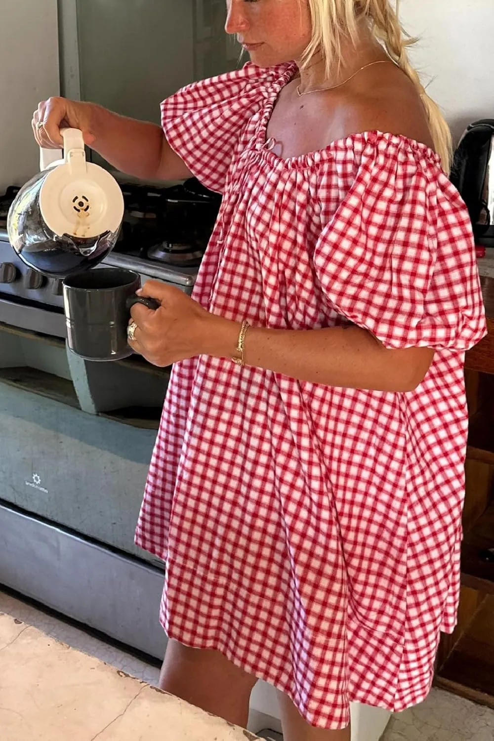 Women Y2k Babydoll Mini Dress Gingham Short Puff Sleeve Square Neck Dress Floral Fairy Loose Fit Sundresses