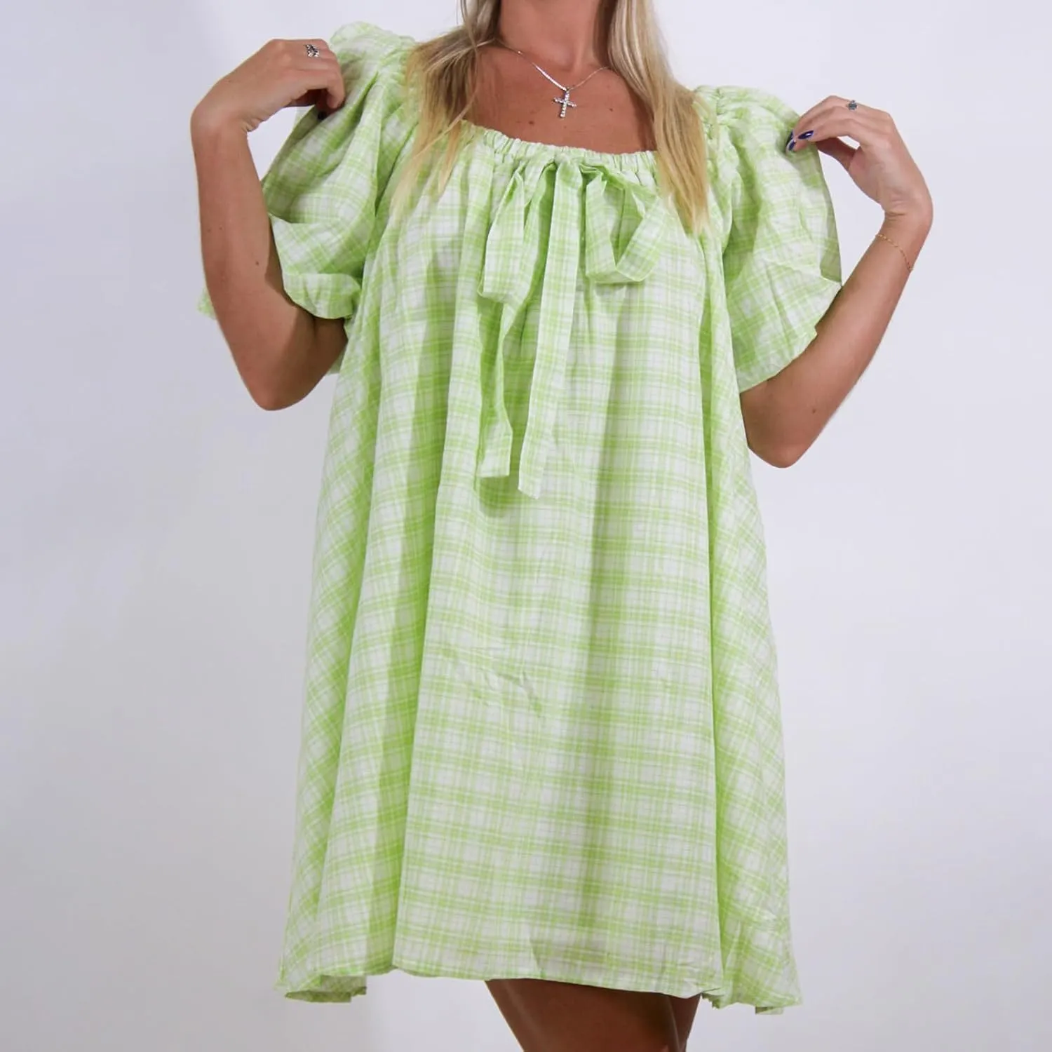 Women Y2k Babydoll Mini Dress Gingham Short Puff Sleeve Square Neck Dress Floral Fairy Loose Fit Sundresses