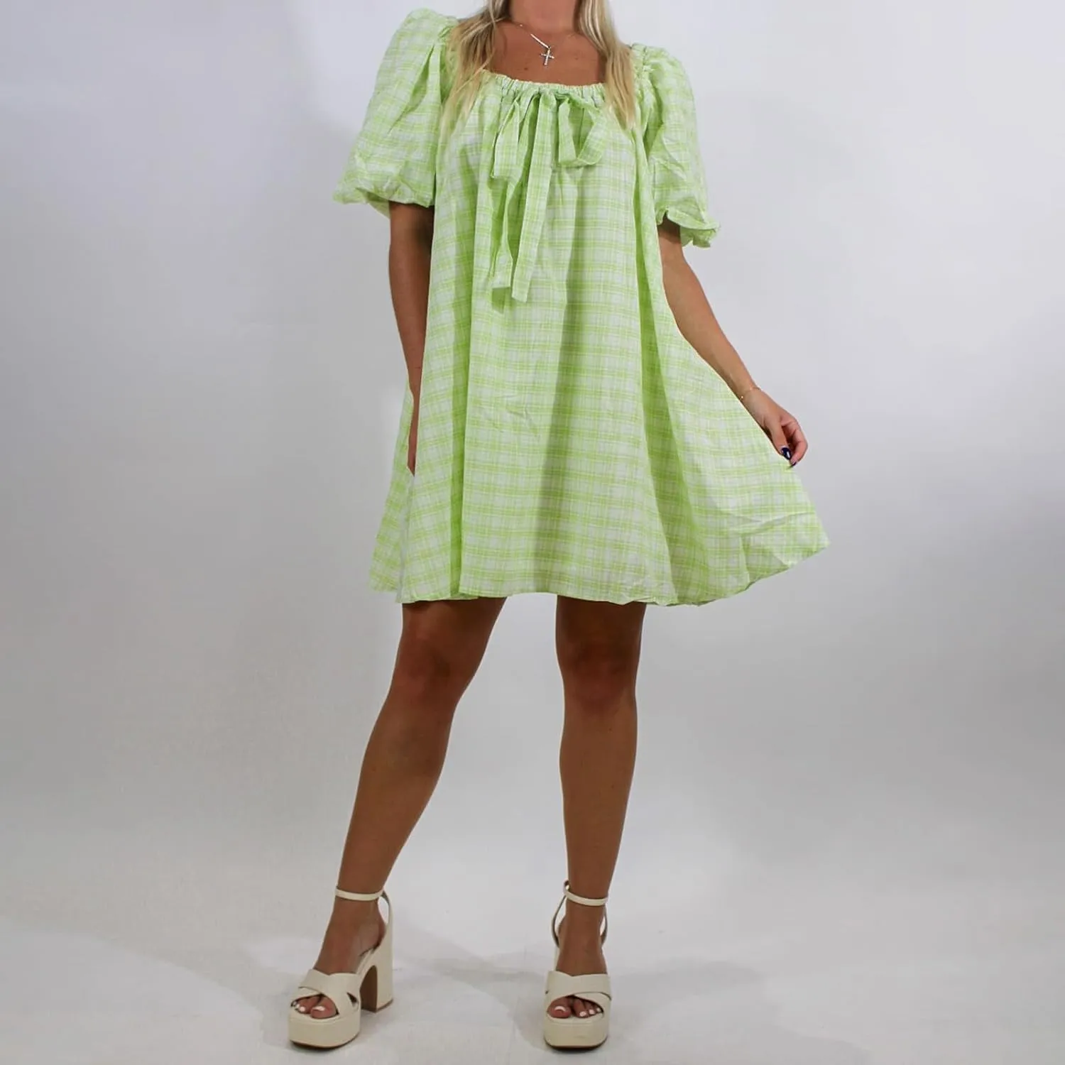 Women Y2k Babydoll Mini Dress Gingham Short Puff Sleeve Square Neck Dress Floral Fairy Loose Fit Sundresses