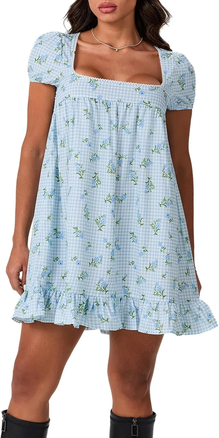 Women Y2k Babydoll Mini Dress Gingham Short Puff Sleeve Square Neck Dress Floral Fairy Loose Fit Sundresses