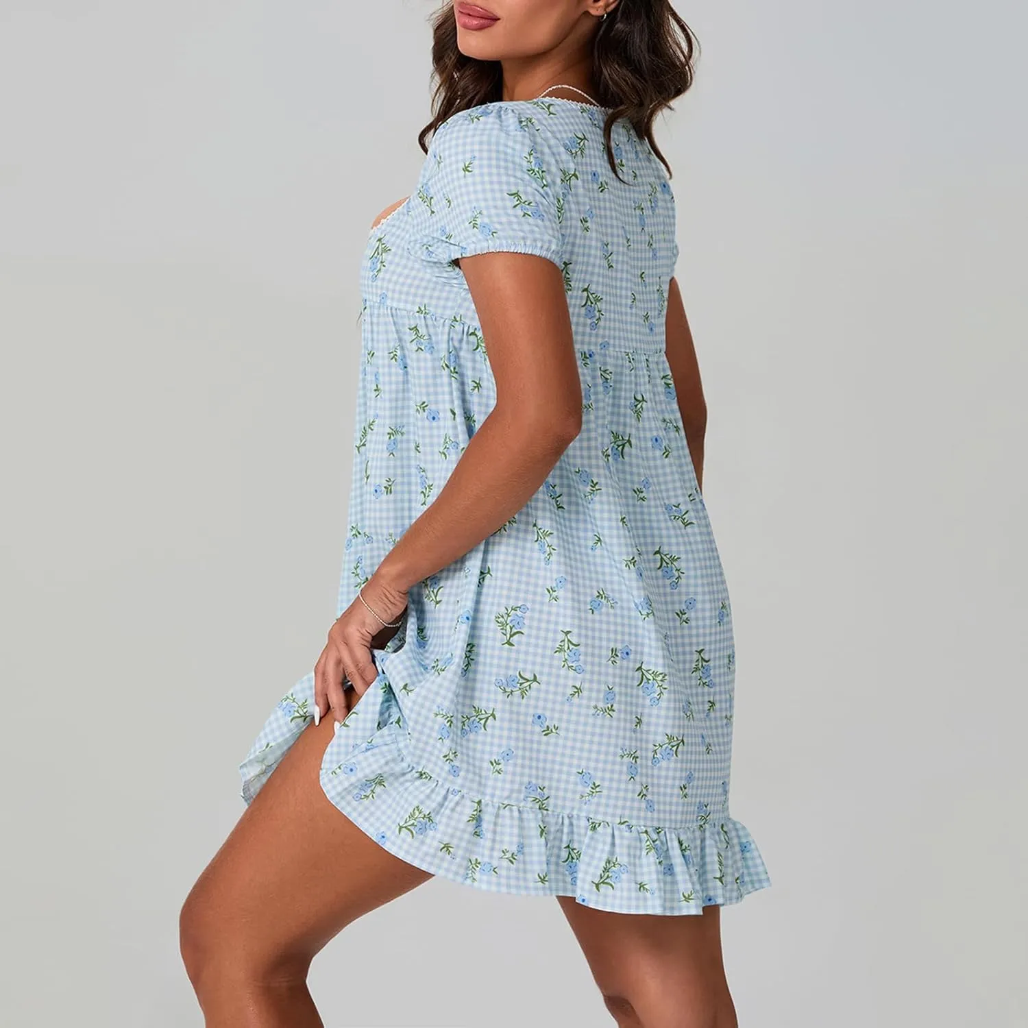 Women Y2k Babydoll Mini Dress Gingham Short Puff Sleeve Square Neck Dress Floral Fairy Loose Fit Sundresses