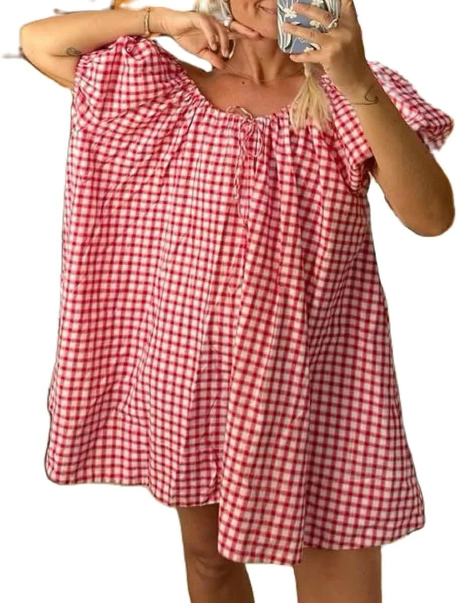 Women Y2k Babydoll Mini Dress Gingham Short Puff Sleeve Square Neck Dress Floral Fairy Loose Fit Sundresses