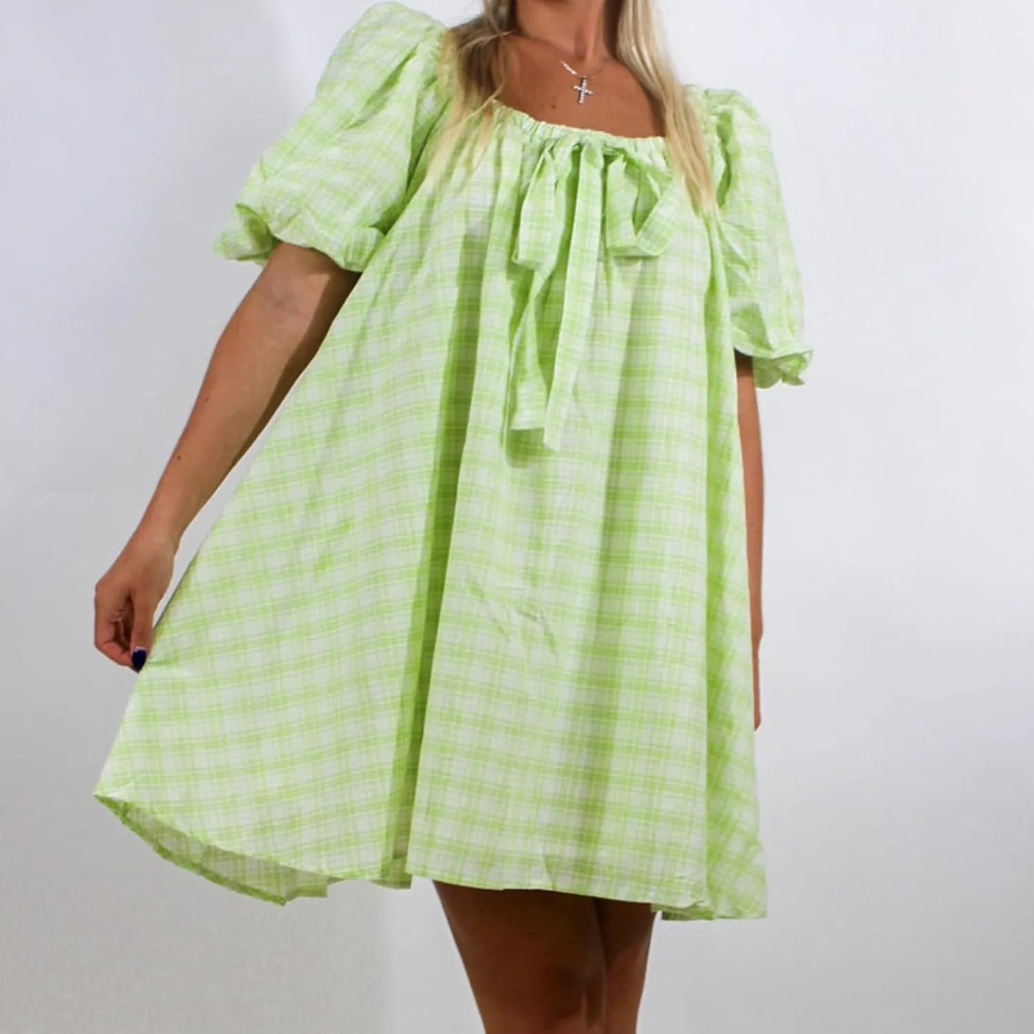 Women Y2k Babydoll Mini Dress Gingham Short Puff Sleeve Square Neck Dress Floral Fairy Loose Fit Sundresses