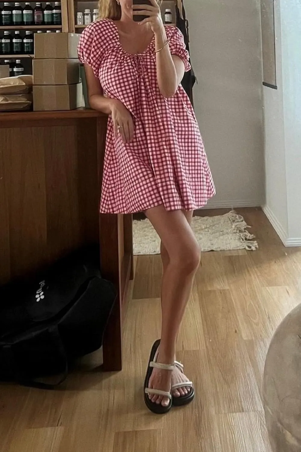 Women Y2k Babydoll Mini Dress Gingham Short Puff Sleeve Square Neck Dress Floral Fairy Loose Fit Sundresses