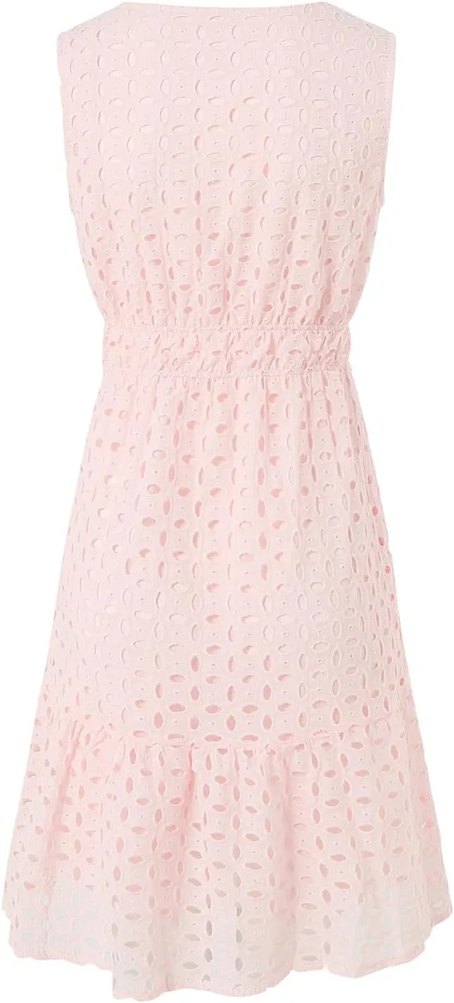 Womens Boho Summer Dresses 2025 Resort V Neck Short Sleeve Hollow Out Lace Ruffle Casual Beach Mini Vacation Dress