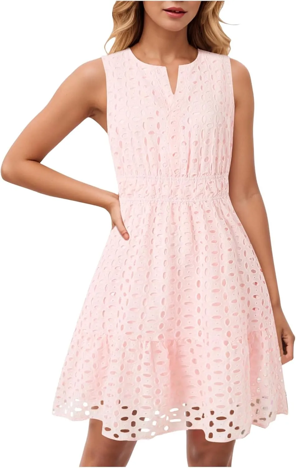 Womens Boho Summer Dresses 2025 Resort V Neck Short Sleeve Hollow Out Lace Ruffle Casual Beach Mini Vacation Dress