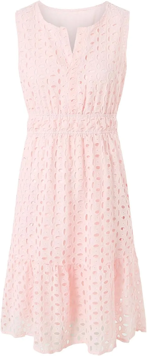 Womens Boho Summer Dresses 2025 Resort V Neck Short Sleeve Hollow Out Lace Ruffle Casual Beach Mini Vacation Dress