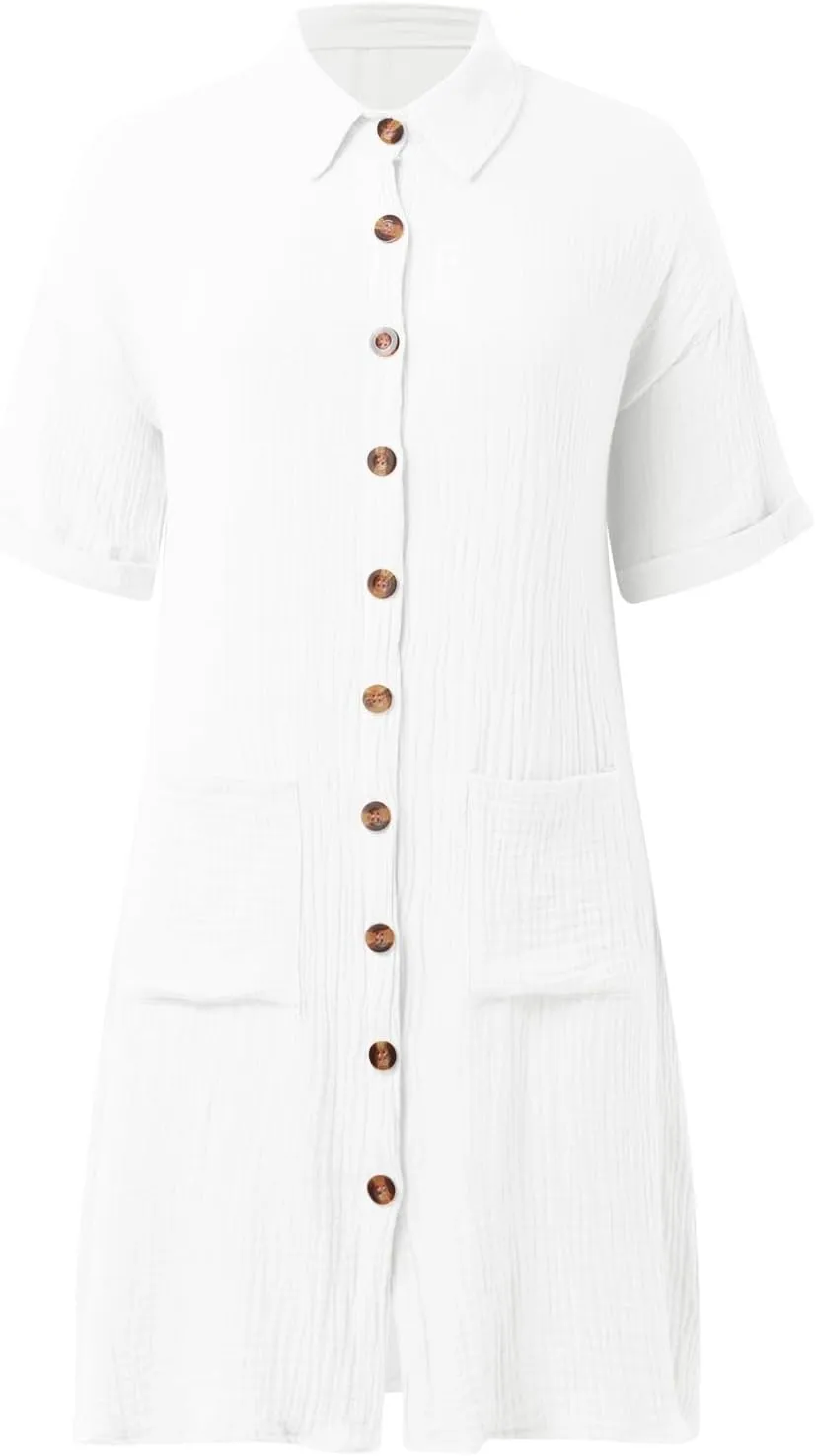 Womens Button Down Shirt Dress Summer Cotton Linen Dress V-Neck Mini Dress Casual Short Sleeve Loose Tunic Shift Dresses