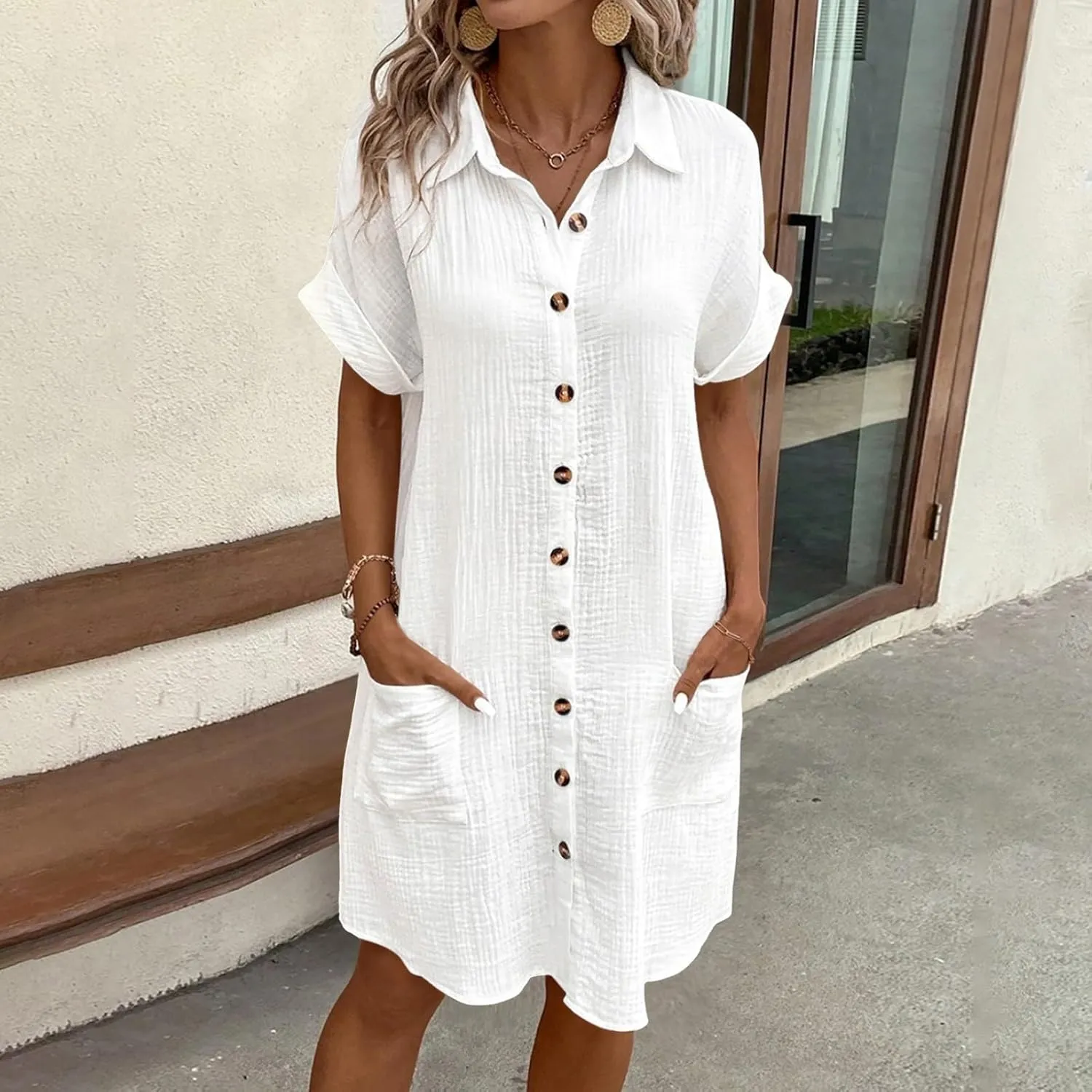 Womens Button Down Shirt Dress Summer Cotton Linen Dress V-Neck Mini Dress Casual Short Sleeve Loose Tunic Shift Dresses