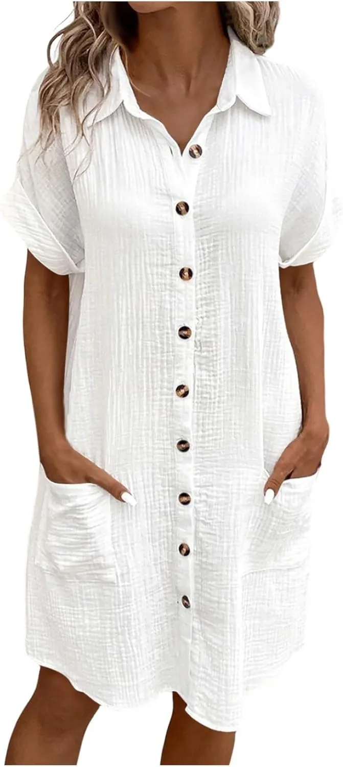 Womens Button Down Shirt Dress Summer Cotton Linen Dress V-Neck Mini Dress Casual Short Sleeve Loose Tunic Shift Dresses