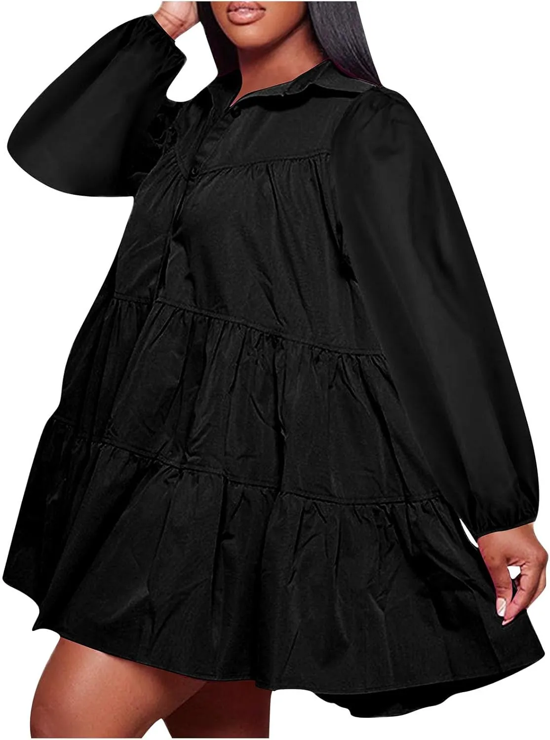 Womens Casual Button Down Shirt Dress Long Sleeve Collared Pleated Swing Mini Dresses Ruffle Hem Dress Plus Size Shirt Dress