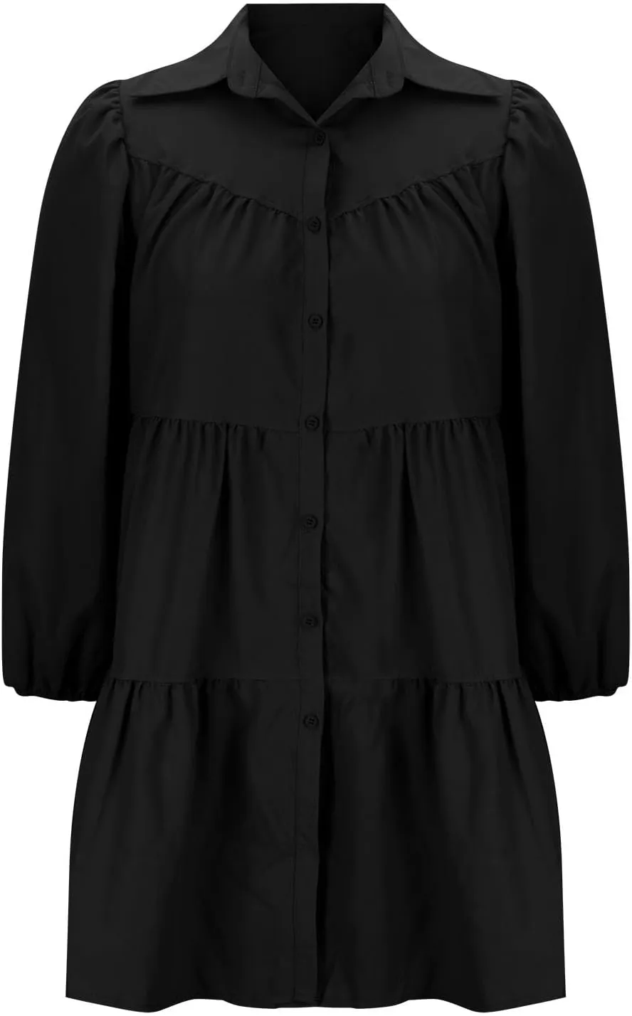 Womens Casual Button Down Shirt Dress Long Sleeve Collared Pleated Swing Mini Dresses Ruffle Hem Dress Plus Size Shirt Dress