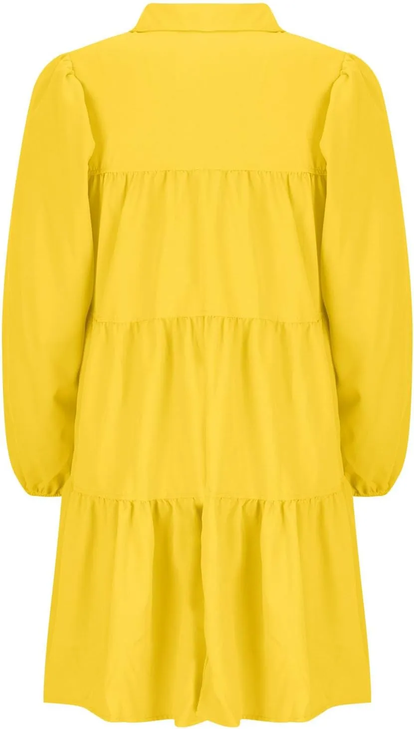 Womens Casual Button Down Shirt Dress Long Sleeve Collared Pleated Swing Mini Dresses Ruffle Hem Dress Plus Size Shirt Dress